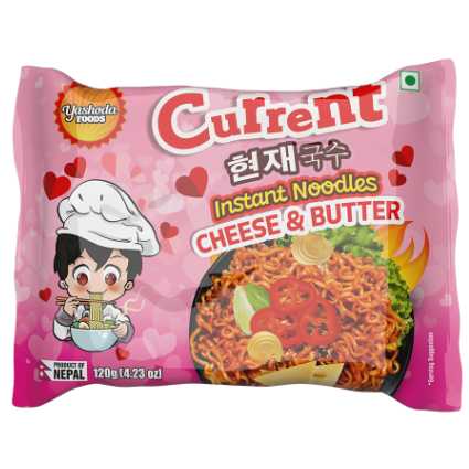 A pink packet of Current Cheese & Butter Instant Noodles by Yashoda Foods. The packet features a cartoon chef and has a hot chicken flavour.