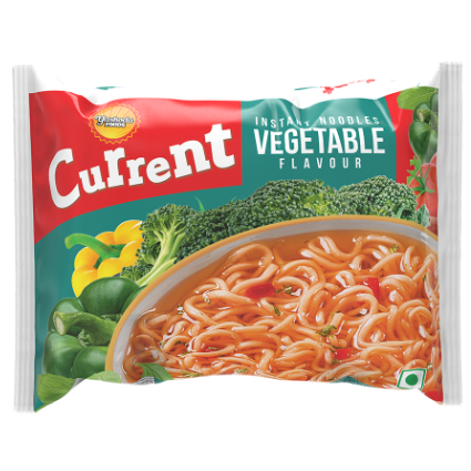 A red and orange packet of Current Chicken Flavour Instant Noodles by Yashoda Foods, a quick and flavorful instant noodle snack.