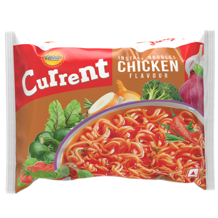 A red and green packet of Current Vegetable Flavour Instant Noodles by Yashoda Foods, showcasing a delicious bowl of noodles with colorful vegetables.